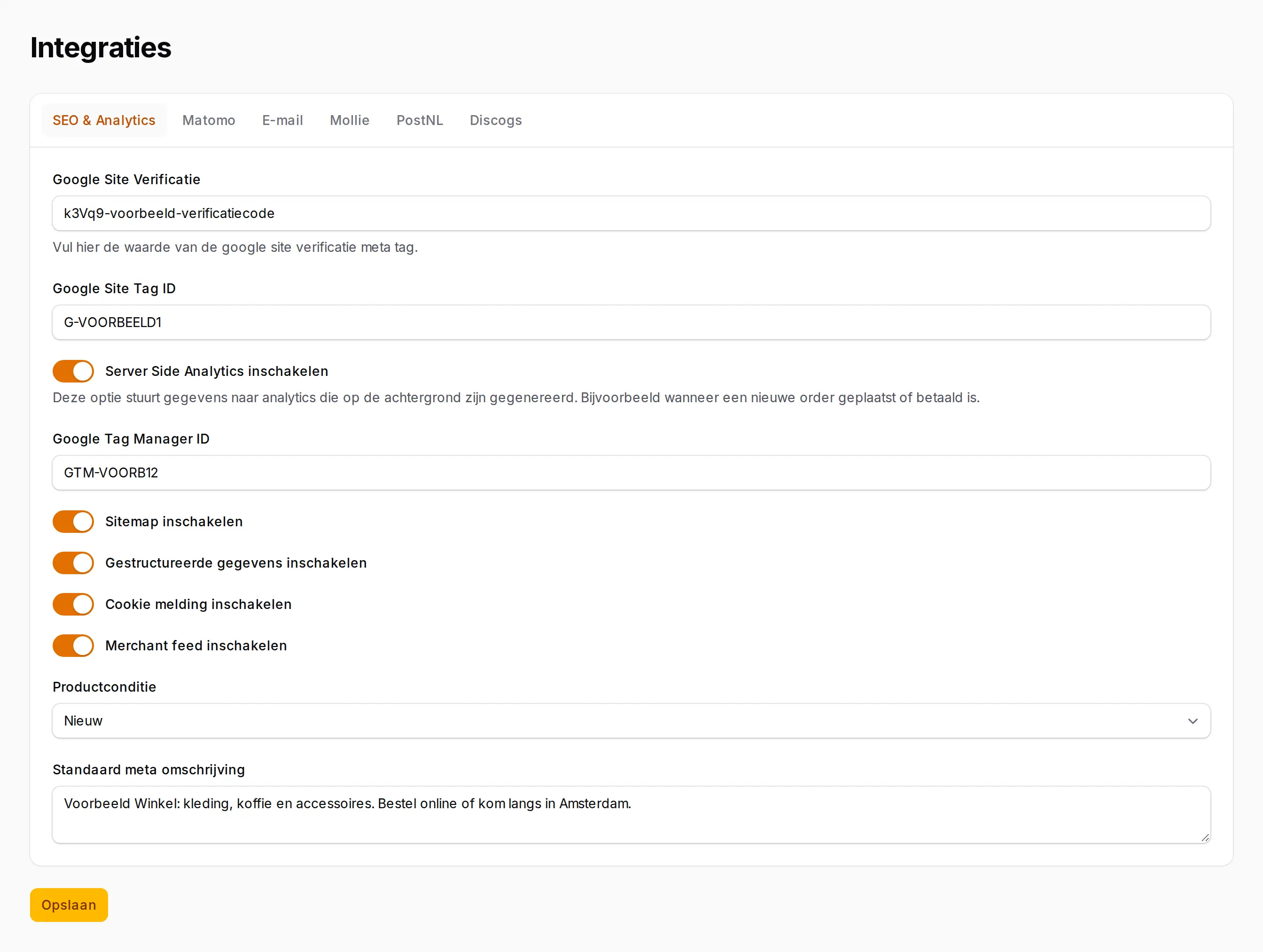 Instellingen voor SEO en Analytics: Google-koppelingen, sitemap, gestructureerde gegevens en merchant feed ingeschakeld