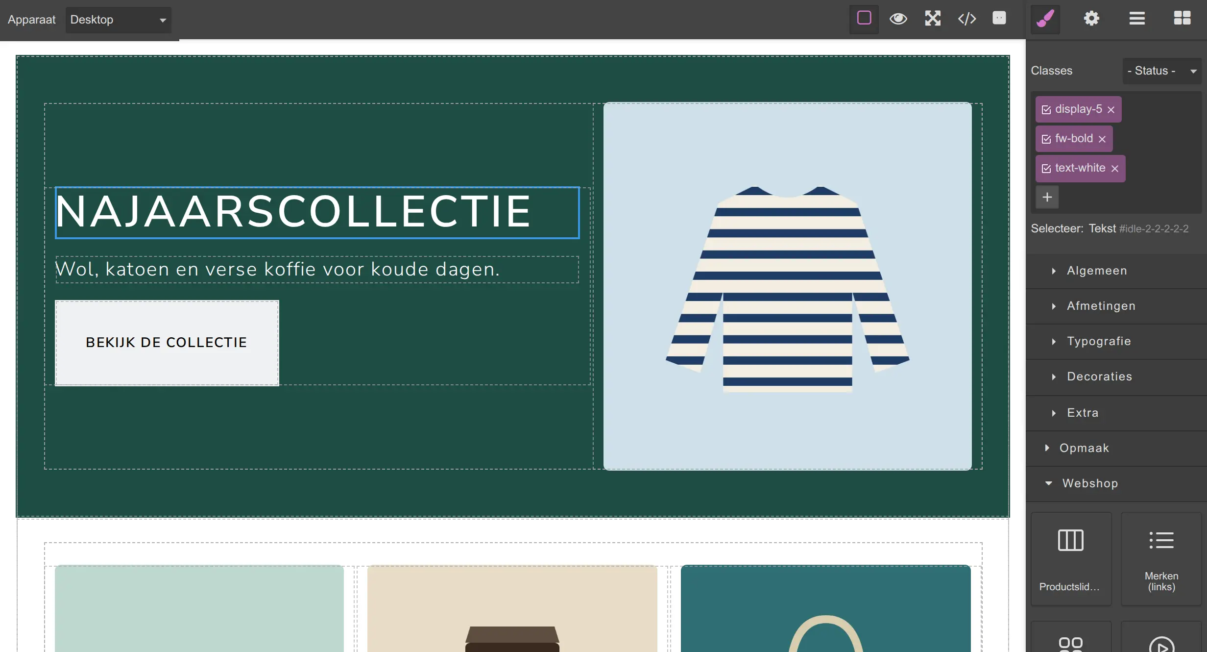 Paginabouwer met een ingevulde pagina; de kop is geselecteerd en rechts staan stijlopties en webshop-blokken