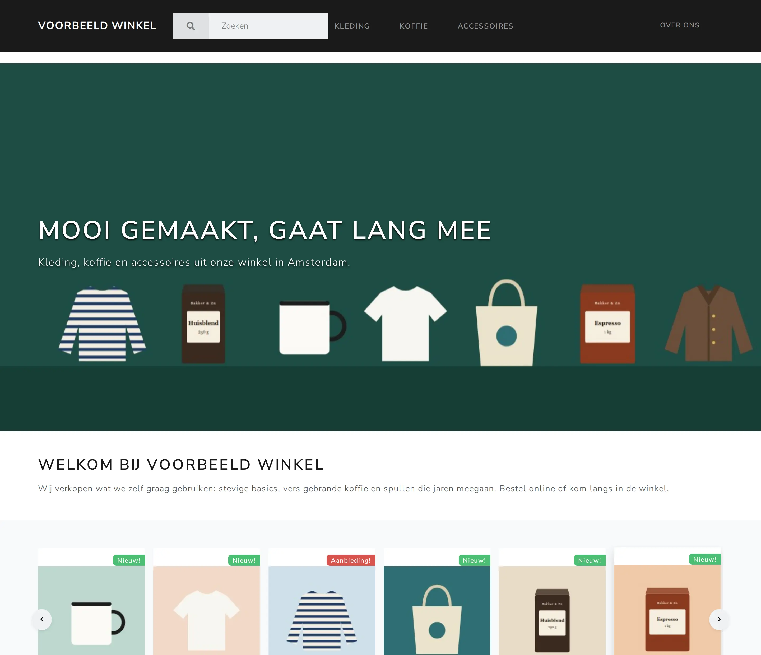 Homepage van een voorbeeldwebshop met kop-afbeelding en uitgelichte producten